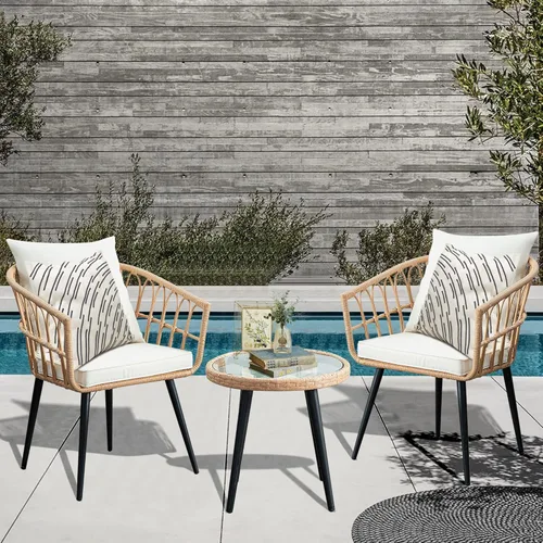 Miniatura 6 de PORWEY Juego de 3 piezas de muebles de mimbre para patio, balcón, mesa y sillas de ratán para porche, patio trasero, césped, cubierta junto a