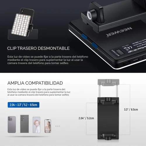 Miniatura 6 de NEEWER Basics NL-60AI - Luz para selfie para teléfono con clip frontal y trasero, 60 LED 2000 mAh recargable CRI95+, 3 modos, iluminación de relleno