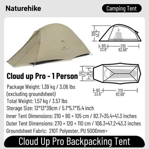 Naturehike Cloud up Pro - Tienda de campaña ultraligera para 1/2/3 personas, tienda de campaña para mochileros de 3 estaciones, impermeable para un