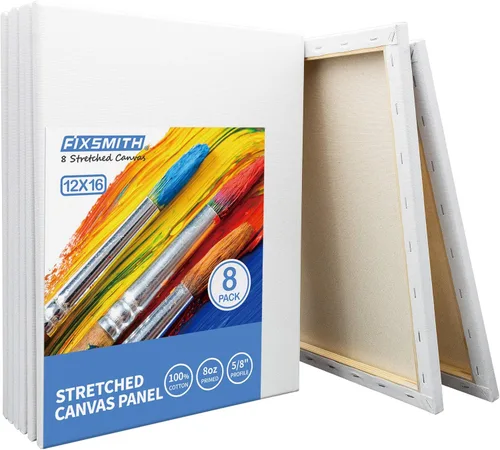 FIXSMITH Lienzo blanco estirado de 12 x 16 pulgadas, paquete a granel de 8, imprimado, 100 % algodón, perfil de 5/8 pulgadas, paquete de gran valor