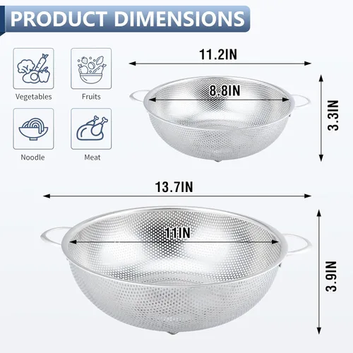 Miniatura 2 de Gulex Colador de acero inoxidable de 3 cuartos de galón, colador de metal con base, colador para alimentos de cocina, apto para lavavajillas