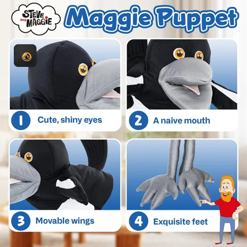 Miniatura 2 de Steve and Maggie Juguete de peluche – Marioneta de mano de Maggie Urraca para niños mayores de 1 año, marioneta de pájaro suave para juego