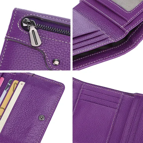 Miniatura 7 de AINIMOER Cartera pequeña de piel para mujer, delgada, compacta, con bloqueo RFID, con bolsillo para monedas, Lichee - Bloqueo Rfid morado.