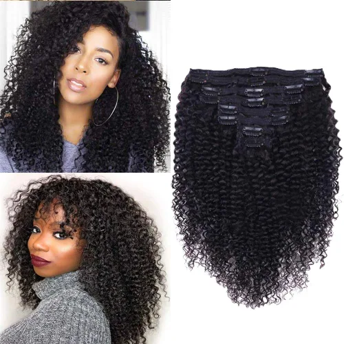 Miniatura 17 de Extensiones de cabello humano rizado con clip, 3C 4A, rizado con clip, cabeza completa, para mujeres negras, cabello humano brasileño Remy