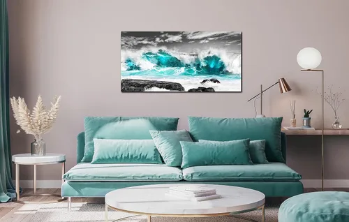 Miniatura 6 de Lienzo de playa para pared, pintura de océano, decoración de pared verde azulado para sala de estar, listo para colgar, tamaño 40 x 20 pulgadas