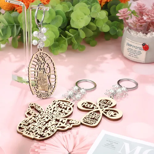 Miniatura 4 de Hicarer 30 piezas de llavero de bautismo regalo de bautizo recuerdos de bautizo para cruz llavero de madera con bolsas de organza (perlas azules)