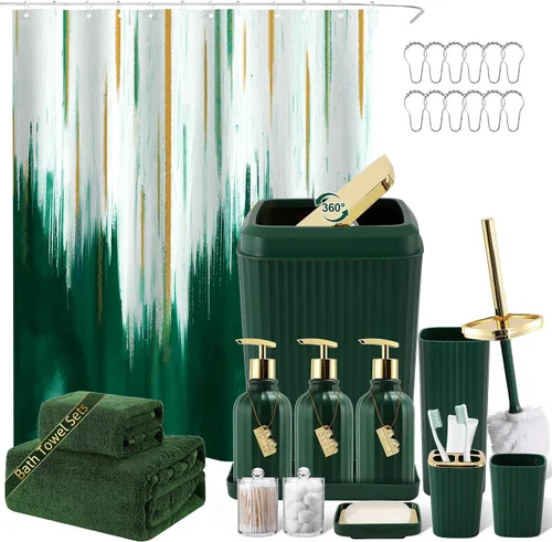 Miniatura 62 de 21PCS Bathroom Sets with Shower Curtain and Rugs Bathroom Accessories Set Beige Bathroom Set Complete with Trash Can, Toilet Brush, Qtip Holder &