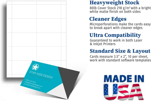 Miniatura 2 de Tarjetas comerciales en blanco, 80lb, 100 Hojas/1000 tarjetas de negocios – Para inyección de tinta y láser.