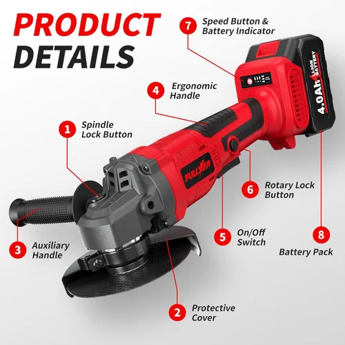 Miniatura 6 de Amoladora angular inalámbrica de 4-1/2 pulgadas, herramienta de amoladora angular sin escobillas de 10000 RPM, ajuste de 3 velocidades, amoladoras