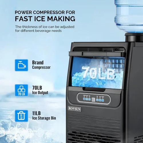 Miniatura 2 de ROVSUN Máquina de hielo comercial 70LBS/24H con 2 entradas de agua, máquina de hielo de acero inoxidable para encimera e independiente para Negro