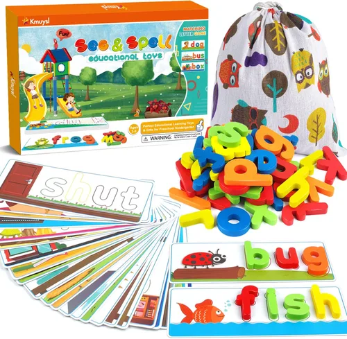 KMUYSL Juguetes de aprendizaje para niños y niñas de 3, 4, 5, 6 años, ver y deletrear CVC, constructores de palabras con tarjetas del alfabeto para