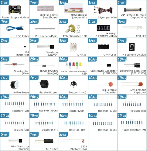 Miniatura 5 de Miuzei Kit de componentes electrónicos con módulo de suministro, cable de puente, placa de 830 puntos de conexión, potenciómetro de precisión