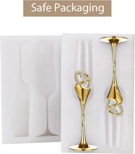 Miniatura 7 de Juego de copas de champán para boda, copas de flauta de tostado dorado, paquete de 2 con diamantes de imitación, decoración de corazones para bodas