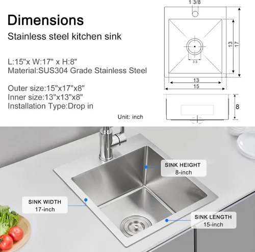 Miniatura 3 de 15 x 17 Pulgadas Fregadero de Barra de Montaje Superior, Fregadero de Cocina de Orificio Único de Grifo Sencillo, Tazón Único, Montaje Superior