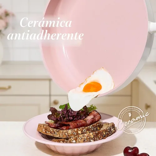 Miniatura 2 de CAROTE Juego de utensilios de cocina de cerámica antiadherente, 15 piezas de ollas y sartenes antiadherentes, no tóxicos, lavavajillas, juego de Rosa