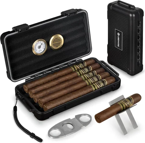 Humidor de puros, humidor de viaje de puros, estuche de puros para 4-5 puros, con soporte para puros y cortador de puros, humidor portátil de