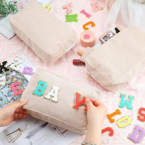 Miniatura 2 de Amylove 12 bolsas de maquillaje de pana de gran capacidad, bolsa de cosméticos preparada a granel, uso diario, bolsa de maquillaje portátil lisa