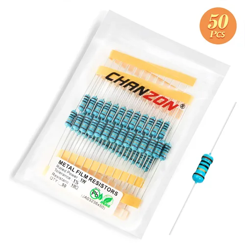 Miniatura 2 de Chanzon 50 piezas 1 W 10 Ω ohm Resistencia de película metálica fija de tolerancia 0.01 ±1% 10R MF Resistencias de agujero pasante con limitación