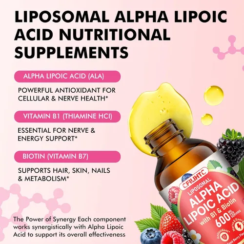 Miniatura 5 de CFILIHTC Gotas de ácido alfa lipoico liposomal de 600 mg - Suplemento líquido de ácido alfa lipoico con biotina y vitamina B1 - Apoya antioxidante