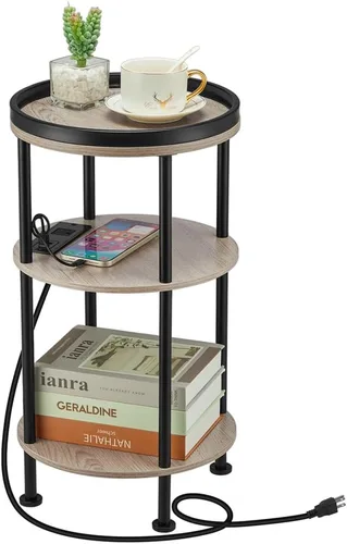 Miniatura 15 de Mesa auxiliar redonda pequeña con estación de carga para espacios pequeños, mesa decorativa de 3 niveles con puertos USB y tomas de corriente, mesa