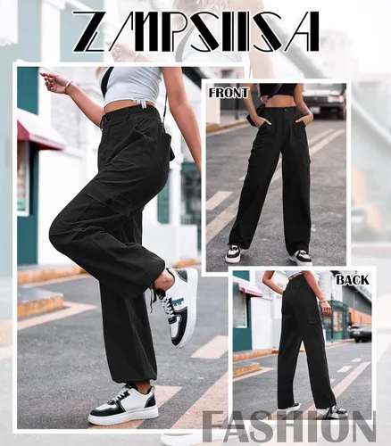 Miniatura 4 de Zmpsiisa Pantalones cargo de cintura alta, para mujer, pantalones informales de pierna ancha, 6 bolsillos, pantalones militares de combate