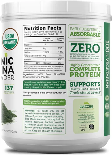 Miniatura 8 de Zazzee Polvo de Espirulina Orgánica, 16 Onzas (1 LB), Certificado USDA, 137 Porciones, 100% Puro, Kosher, No Irradiado, Envase de Boca Ancha Sin