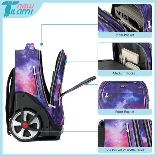 Miniatura 74 de NEW TILAMI Mochila con ruedas de 19 pulgadas con bolsa de almuerzo para niñas y niños, mochila para laptop con ruedas, bolsa de mano duradera