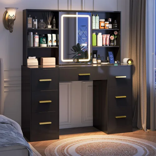 Miniatura 2 de Escritorio grande de tocador de 47 pulgadas de ancho con espejo y luces, 8 estantes de almacenamiento, mesa de tocador con 7 cajones, escritorio