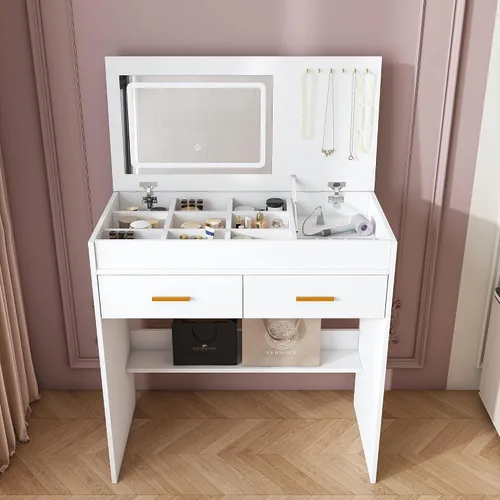 Miniatura 11 de Runboll Small Vanity Desk with Mirror and Lights, Makeup Vanity Table Set with Power Outlet, Drawer Storage, Stool, Adjustable LED Lighting