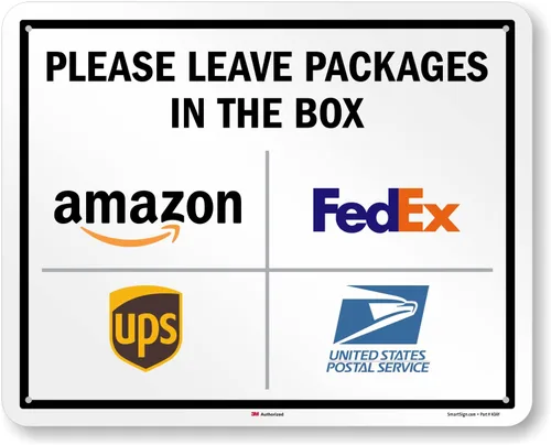 Miniatura 18 de SmartSign 7 x 10 pulgadas "Por favor, deje los paquetes en la caja - Amazon, FedEx, UPS, USPS" Letrero de instrucciones de entrega de metal