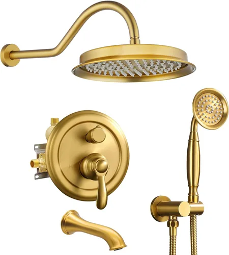 Sistema de ducha antiguo de oro cepillado con boquilla de bañera: grifos de lluvia de 9 pulgadas en la pared, cabezal de lluvia y rociador de mano,