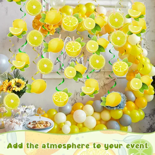 Miniatura 7 de Lewtemi 22 decoraciones de fiesta de limón incluyen 2 carteles de limón, 20 limones colgantes, remolinos de limonada cítrica, decoraciones