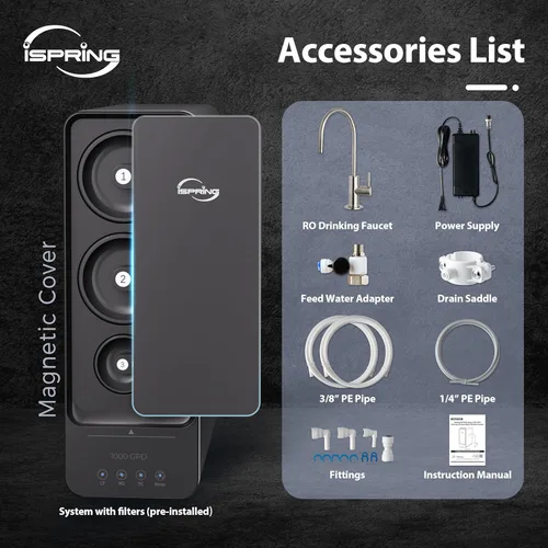 Miniatura 7 de Sistema de filtración de agua por ósmosis inversa sin tanque iSpring RO1000-BN, flujo rápido de 1000 GPD Grifo negro + níquel cepillado