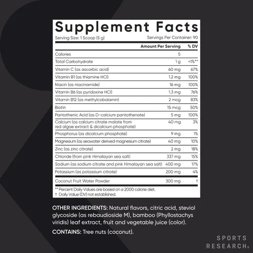 Miniatura 5 de Sports Research® Hydrate Polvo de Electrolitos - Sin Azúcar y con Sabor Natural con Vitaminas, Minerales y Agua de Coco - Apoya la Hidratación