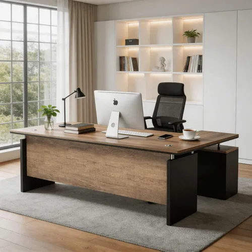 Miniatura 8 de Escritorio ejecutivo en forma de L de 63 pulgadas, escritorio industrial moderno de oficina de madera con cajones de bloqueo, gestión de cables
