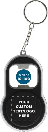 DISCOUNT PROMOS Abrebotellas personalizado y llaveros LED, juego de 10/50/100, paquete personalizado a granel, perfecto para ferias, recuerdos de