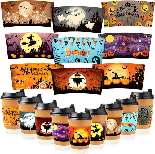 NOVWANG 54 fundas para tazas de café de Halloween, divertidas fundas desechables de papel para tazas de 12 y 16 onzas, bebidas calientes de