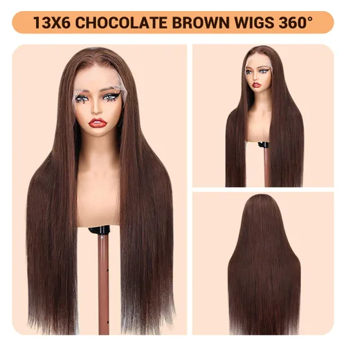 Miniatura 2 de SOPSFR Pelucas de cabello humano con encaje frontal de 13 x 6, densidad 200, pelucas de cabello humano lacio marrón chocolate con bebé alrededor