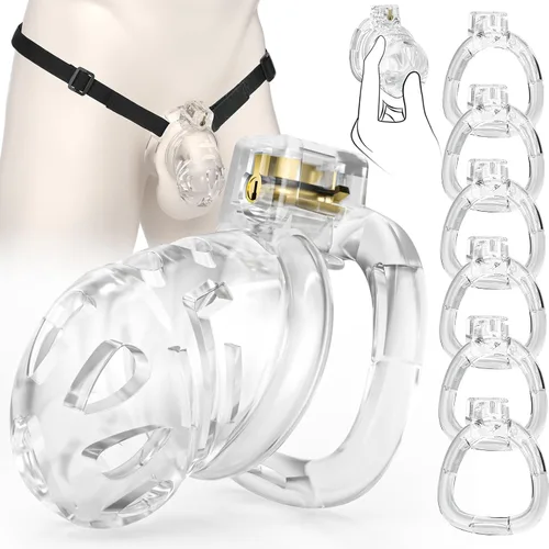 Miniatura 10 de Dispositivo de jaula de castidad masculina, jaula de silicona suave con 6 anillos de tamaño, correas ajustables, bloqueo de pene ligero, control