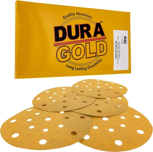Dura-Gold Discos de lijado dorados de 6 pulgadas de alta calidad, grano 180 (caja de 50), papel de lija de gancho y bucle sin polvo con patrón de 17