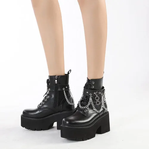Miniatura 5 de mikarka Botas de plataforma de cadena para mujer, con cordones y cremallera, tacón grueso, botines de combate negros, botas de motocicleta