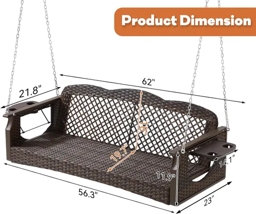 Miniatura 7 de Columpio de porche de 3 asientos, columpio de mimbre para patio con portavasos y 3 cojines traseros, columpio de patio con cadenas para terraza