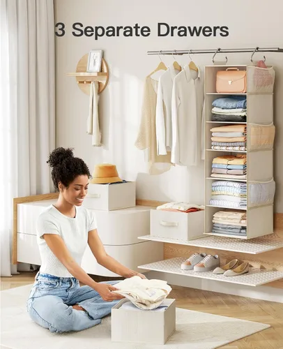 Miniatura 2 de Pipishell Organizador colgante de armario con 6 estantes, estantes colgantes para armario con 3 cajones extraíbles y bolsillos laterales, Blanco