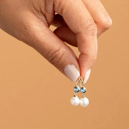 Miniatura 6 de Peora Aretes colgantes de oro amarillo de 14 quilates, perlas blancas cultivadas en agua dulce de 0.315 in y topacio azul suizo genuino para mujer