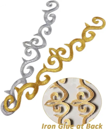 Miniatura 3 de 10 piezas de parche bordado metálico para planchar con borde de vid, apliques de encaje, diseño de desplazamiento largo para boda, vestido de novia