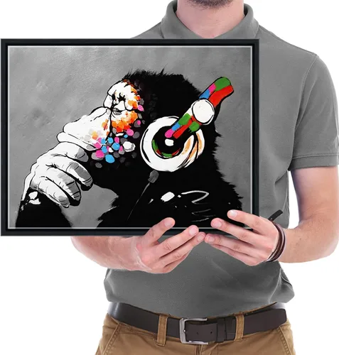 Miniatura 6 de Wieco Art Marco Negro Mono con Auriculares Banksy Arte de Graffiti Abstracto Pinturas en Lienzo Impresiones Arte de Pared en Lienzo de Animales