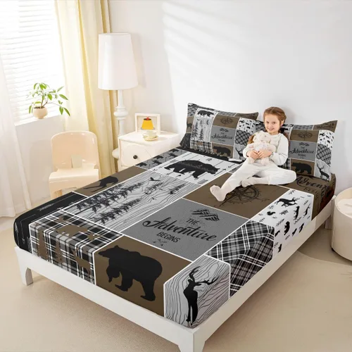 Miniatura 12 de Sábana bajera de retazos rústicos, sábanas de ciervos de oso para niños, adolescentes, adultos, mujeres, juego de ropa de cama rústica de granja