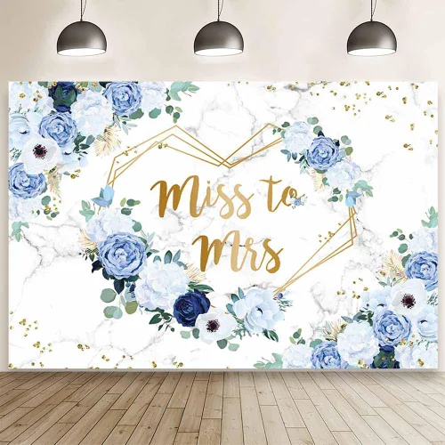 Miniatura 10 de AIBIIN Telón de fondo floral de Miss to Mrs de 7 x 5 pies para despedida de soltera, flores azules y blancas, fondo de fotografía, corazones