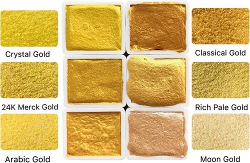 Miniatura 2 de Juego de 6 pinturas de acuarela metálicas, color dorado brillante, calidad de artista, perfecto para adultos, estudiantes, aficionados (Earth Golden)