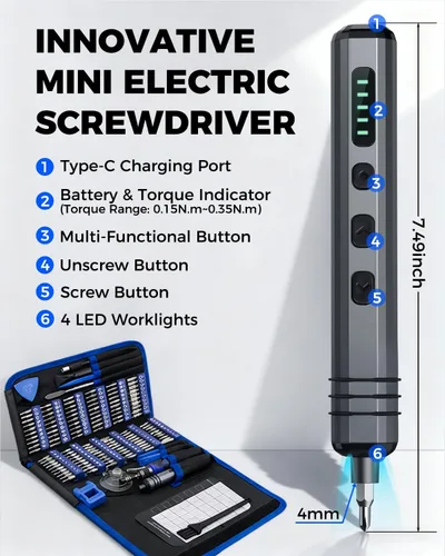 Miniatura 2 de Juego de mini destornilladores eléctricos 140 en 1: destornillador eléctrico pequeño inalámbrico UnaMela - 120 puntas de precisión, 5 ajustes